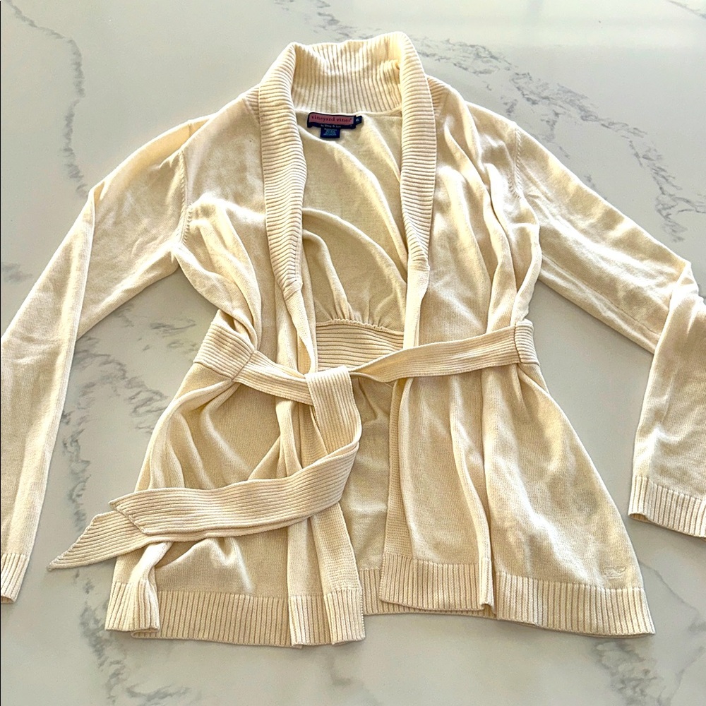 VINEYARD VINES~SIZE XL~SHAWL COLLARED LONG SWEATER WITH BELT~IVORY CHILLY DAY~ - Picture 5 of 16
